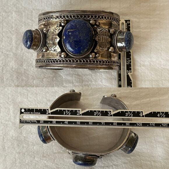 Vintage Sterling Silver & Lapis Lazuli Cuff Bracelet – 1970s Tribal Revival, 96g - Picture 8 of 8